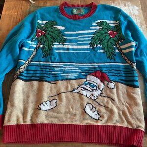 Ugly Christmas Sweater Blue and Red Beach Scene Crewneck